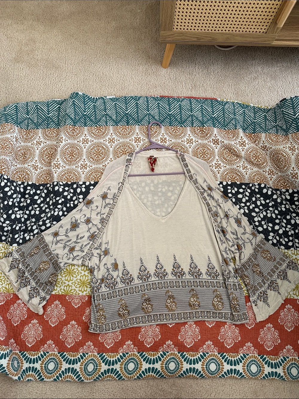 Free People Cream Boho V-Neck Tunic with Brown Print